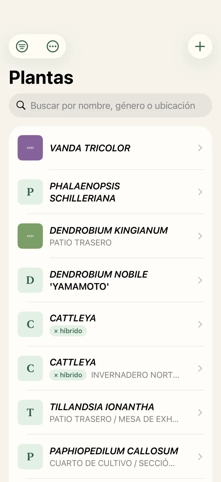 Lista de plantas con género, especie y ubicación