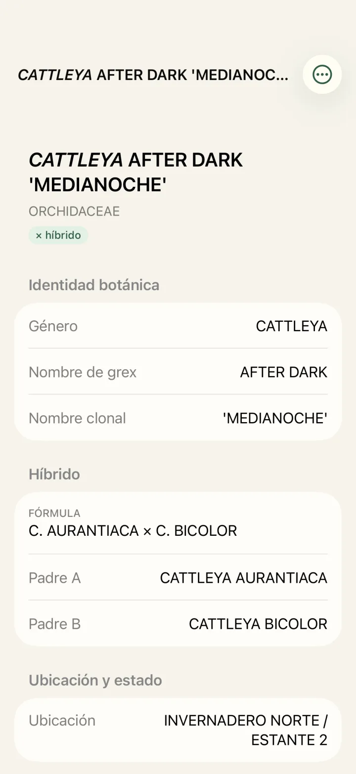 Ficha de un híbrido de Cattleya con su fórmula y padres