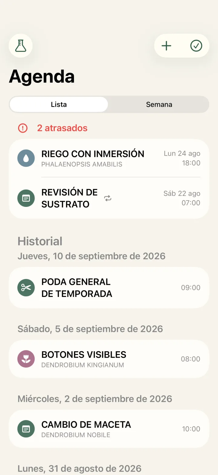 Agenda de cuidados con riegos y abonos pendientes